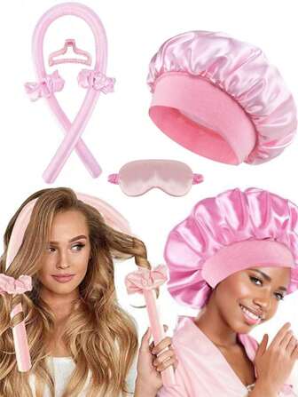 6pcs Set Includes: No Heat Hair Curler, Satin Sleep Cap, No Heat Hair Band, Hair Claw Clips, Hair Rings,Sleep Eye Mask,Soft Sleep Cap, Comfortable Hair Waver, Flexible Styling Tools For Wavy & Curly Hairstyles, Ideal Gift For Mom Or Girlfriend ,Heatless Hair Curler ,Hair Styling Tools Hair Accessories