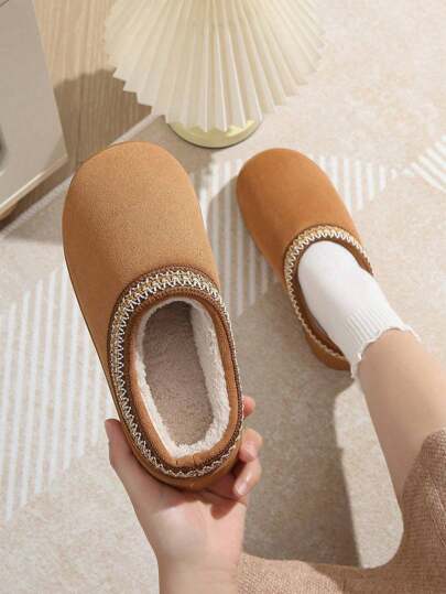 Women Suede Faux Fur Slippers, Thick Sole Closed Toe House Slippers, Winter Fashion Outdoor Snow Shoes, Slip-On Casual Slippers With TPR Anti-Slip Sole For Indoor & Outdoor