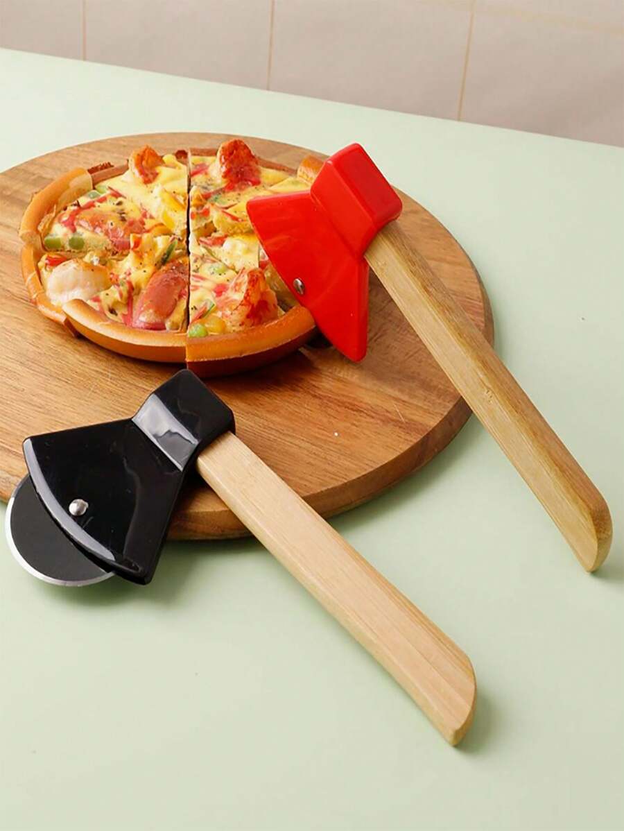 1pc Stainless Steel Axe-Shaped Pizza Cutter With Bamboo Wood Handle, Unique Round Pie Knife