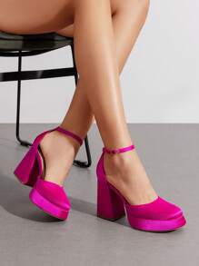 Women Chunky Platform High Heels Closed Toe Block Ankle Strap Dress Prom Wedding Party Pumps Shoes - 玫紅色 - 查看 2