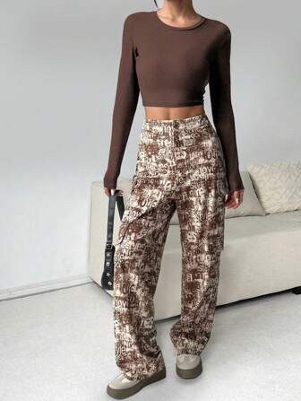 New Fashion Personalized Street Style Girl Letter Print Cargo Pants, Casual For Commute