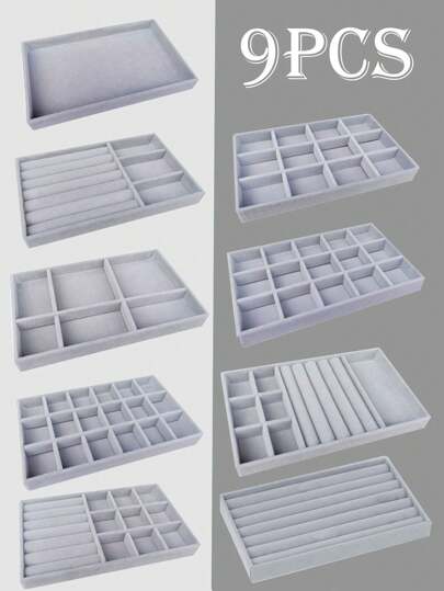 9pcs/Set Velvet Jewelry Display Tray, Stackable Jewelry Storage Box, Jewelry Organizer Drawer Tray, Multi-Compartment Jewelry Display & Storage Tray, Simple Solid Color Jewelry Display Box,For Holiday Beach, Bathroom Collection, Bedroom Collection, Large Capacity