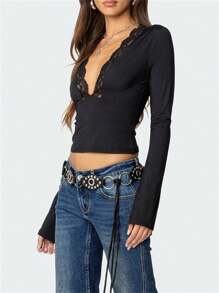 Women Long Sleeve Tops Casual Deep V-Neck Lace Patchwork Basic Shirt Blouses For Club Streetwear Aesthetic Clothes - Black - View 2