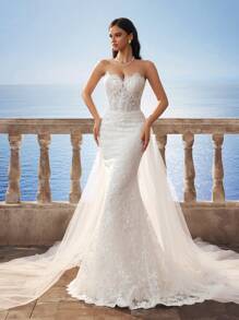 HEARBOBO 重工刺绣蕾丝无袖抹胸复古美人鱼婚纱，搭配飘逸雪纺 - 白色 - 查看 9