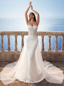 Elaborate Lace Sleeveless Bandeau Vintage Mermaid Long Wedding Dress With Chiffon,Bride