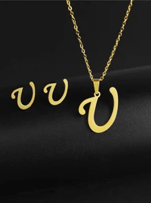 1 套钛钢 26 字母设计时尚百搭耳钉和吊坠项链首饰套装，适合男士，18K 镀金，适合送礼和日常佩戴