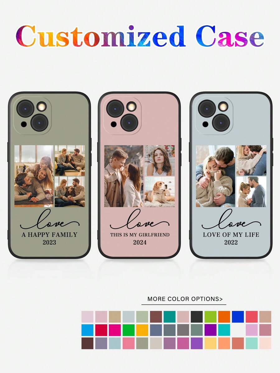 1pc Customized 3-Photo Personalized Phone Case, Featuring Couple, Family, Wedding Photos, Pet Portraits, Monogram, Short Phrase, Compatible With A14, A21s, A32, A33, A34, A35, A15, A23, A55, Compatible With IPhone 13/14/15/16 Pro Max,International Version, Not The Domestic Version - Black - View 1