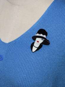 1pc Handmade Retro Modern Woman With Hat Acrylic Brooch, Vintage Cartoon Character Portrait Pins