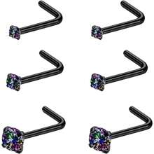 3 pares de anillos / pendientes para la nariz de acero inoxidable con piedras de circonita cúbica redondas en forma de "L" para mujeres y hombres, juego de joyas para perforación de la nariz de color negro
