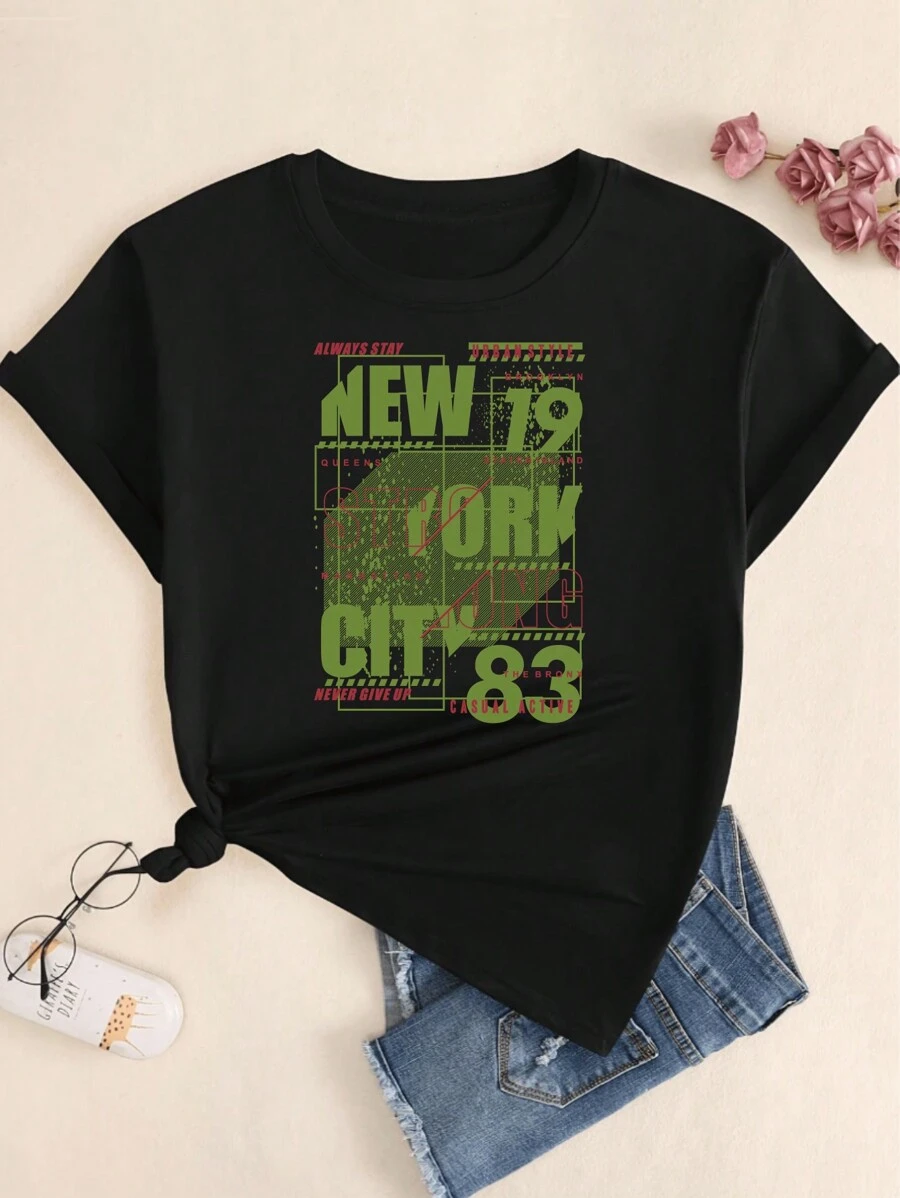 Cotton T-Shirt Retro Style Text Casual Comfort Premium Blouse Breathable Summer Women's Babylook - màu đen - Xem 1