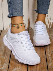 Women's Outdoor Sporty Lace Trim Front Tie Non-Slip Breathable Sneakers Suitable For Running - White - View 3