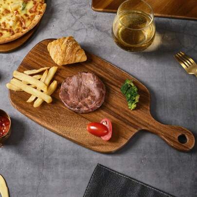 1pc Acacia Wood Cutting Board With Handle, Rustic Cheese & Charcuterie Board, Butcher Block, Washable Fruit Board, Acacia Wood Creative Cutting Board, Acacia Bread Board, Pizza Board, Sushi Board, Fruit Cutting Board, Asymmetric Double-Sided Cutting Board, Fruit Tray, Dessert Tray, Vintage Style Decorative Serving Tray, Halloween, Christmas Decor Plate, Halloween Gift