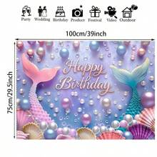1pc Mermaid & Faux Pearl Shell Happy Birthday Backdrop - Multifunctional Polyester Photography Background For Party, Shower, Photo Booth And Home Decor