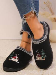 pinpochyaw Pantuflas interiores abrigadas y cómodas para mujer con forro de fieltro y bordado de árbol de Navidad para invierno