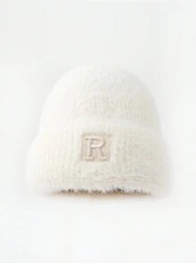 1頂女士冬季針織帽，帶耳暖和刺繡字母圖案，適用於日常穿著和戶外