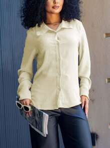 Women's Long Sleeve Formal T-Shirt In Duna Fabric, Size M, G, Gg, G1, G2, G3, Super Fashion Blouse - 米色 - 查看 2