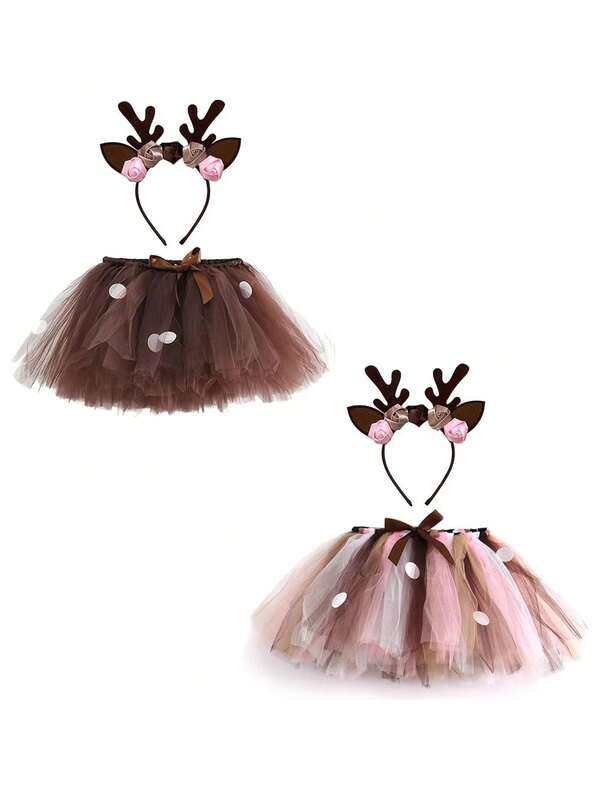 Fantasia de Fada de Natal - Vestido Pompadour Artesanal com Tiara de Chifres de Rena e Enfeites de Floco de Neve - Um Traje de Fada Casual de Tecido de Poliéster Adequado para Comemorações de Feriados e Baile de Formatura