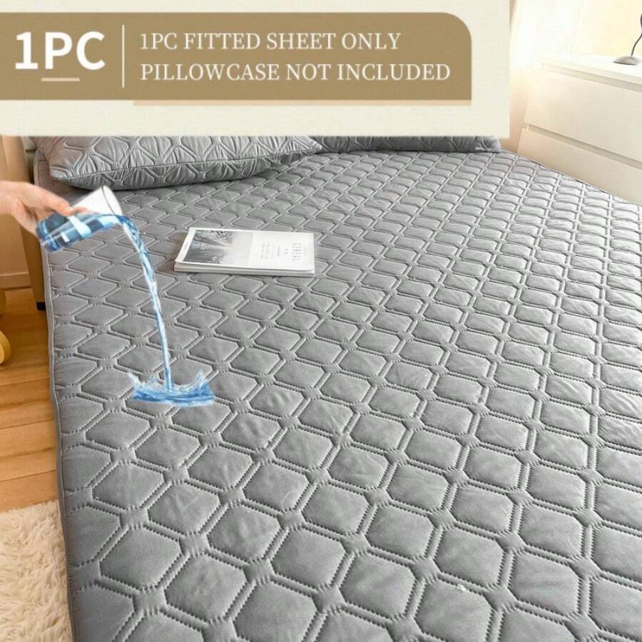 1pc Warterproof Fitted Sheet, Soft And Breathable Mattress Cover, Skin-Friendly Bedding, Solid Color Mattress Protector, Mattress Protector Bedspread, Curved Grid Design Fitted Sheet, Dustproof Non-Slip, Machine Washable, For All Season, Fits Twin Full King Queen Size Bed