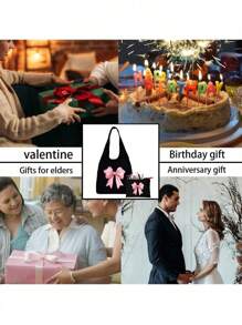 Bolso de hombro de lona con estampado de lazo, estilo Y2K, bolso de tela con estampado negro y bolsa negra - Negro - Ver 7