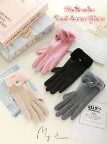 1 Pair Women Casual Elegant Fluffy Touch Screen Gloves, With Furry Cuff Decor, Suitable For Outdoor, Evening, Date, Holiday, Wedding, Party, Riding, Warm & Windproof, Christmas Gift, Couple Birthday Gift, Fashion &