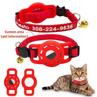 Rokhevn 1pc Airtag Cat Collar, Customized Nylon Detachable Cat ID Collar With Silicone Waterproof Airtag Holder, Embroidered With Pet Name And Phone Number, With Bell