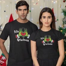Playera Para Mujer Navideña 1 pza Estampado Corazón Feliz Grinchmas Quien Gruñon| Prenda entallada y de Tela Delgada 100% algodón | Moda Navideña - Negro - Ver 5