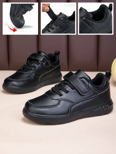 1 Pair New Kids' Sports Casual Strap Fastening White Sneakers, Black Flat Shoes For Fashion & Versatile Wear