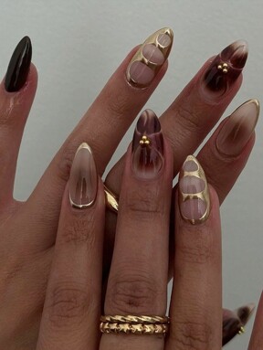 24pcs Medium Almond Shaped Press-On Nails, Brown And Gold Colors, Full Coverage Fake Nails, Nail Art Supplies For Women And Girls