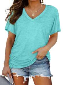 OUTBALL Womens Short Sleeve V Neck Dolman Tops With Side Shirring Loose Fit Shirts - Blue - View 1
