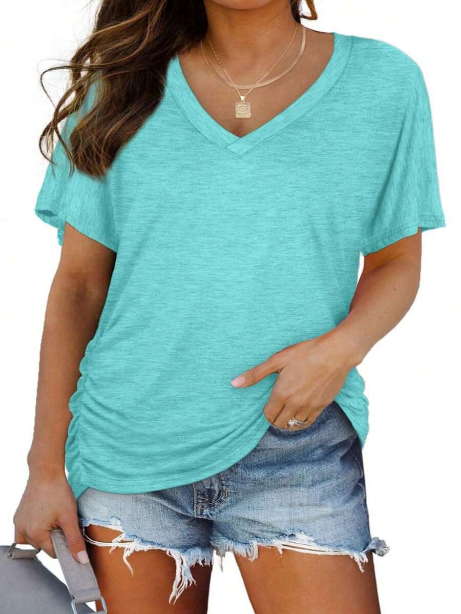 OUTBALL Womens Short Sleeve V Neck Dolman Tops With Side Shirring Loose Fit Shirts - Blue - View 1