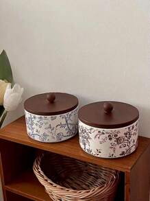 1 pieza Tarro de cerámica de estilo vintage para almacenamiento, joyero, recipiente para té/azúcar, tarro de cocina de cerámica con tapa de madera, recipiente de almacenamiento decorativo como regalo para mujeres y niñas