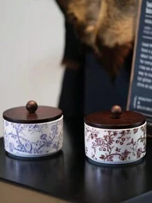 1 pieza Tarro de cerámica de estilo vintage para almacenamiento, joyero, recipiente para té/azúcar, tarro de cocina de cerámica con tapa de madera, recipiente de almacenamiento decorativo como regalo para mujeres y niñas