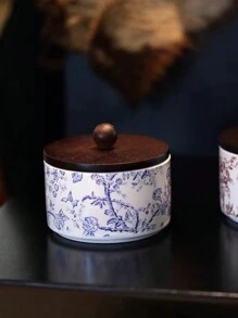 1 pieza Tarro de cerámica de estilo vintage para almacenamiento, joyero, recipiente para té/azúcar, tarro de cocina de cerámica con tapa de madera, recipiente de almacenamiento decorativo como regalo para mujeres y niñas