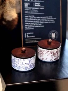 1 pieza Tarro de cerámica de estilo vintage para almacenamiento, joyero, recipiente para té/azúcar, tarro de cocina de cerámica con tapa de madera, recipiente de almacenamiento decorativo como regalo para mujeres y niñas