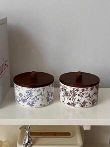 1 pieza Tarro de cerámica de estilo vintage para almacenamiento, joyero, recipiente para té/azúcar, tarro de cocina de cerámica con tapa de madera, recipiente de almacenamiento decorativo como regalo para mujeres y niñas
