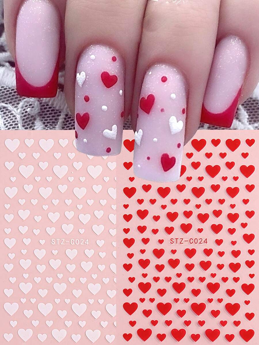 情人节指甲贴纸 2 件装 心形情人节指甲贴纸 白色红色可爱心形浪漫美甲装饰自粘式指甲贴花 美甲沙龙 DIY - 彩色 - 查看 1