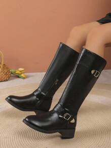 Autumn/Winter New Fashion Women's Thick-Sole Chunky Heel Boots, Buckle Detail Above-Knee Boots, Black High Boots