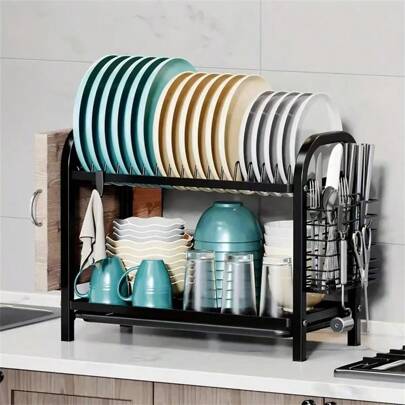 1pc Dish Drying Rack With Cutlery Holder, 2-Tier Dish Drainer Storage Rack - Metal & Plastic Kitchen Countertop Dish Organizer, Carbon Steel Utensil Drainer, With Cutting Board Shelf, Plate & Cup Holder
