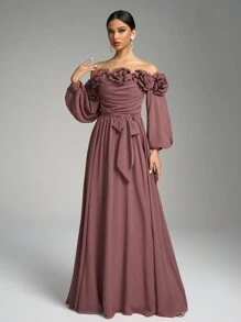 SUPGIR Off-Shoulder Long Sleeve Ruffle Hem Floral Decorated Elegant Dress, Bridesmaid Dress