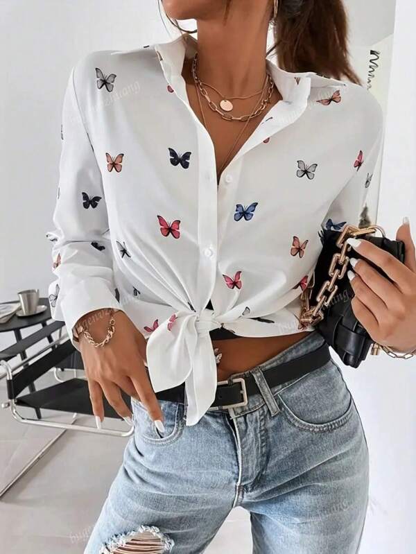 Blusa casual feminina com estampa de borboleta, manga comprida, peito único, primavera e verão
