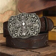 Cinturón vintage de estilo vaquero y occidental para hombre, con hebilla cuadrada grande y lisa de 3.7 cm de ancho con diseño de patrón de cruz