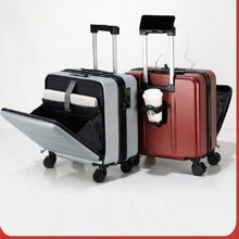 18 Inch Front Opening Multi-Function Carry-On Suitcase Business Password Case Spinner Luggage Travel Suitcase Suitcases Suit Case Travel Luggage Waterproof Carry On Suitcase Carry On Hand Luggage Summer Black Bag For School School Accessories School Stuff - Black - View 2