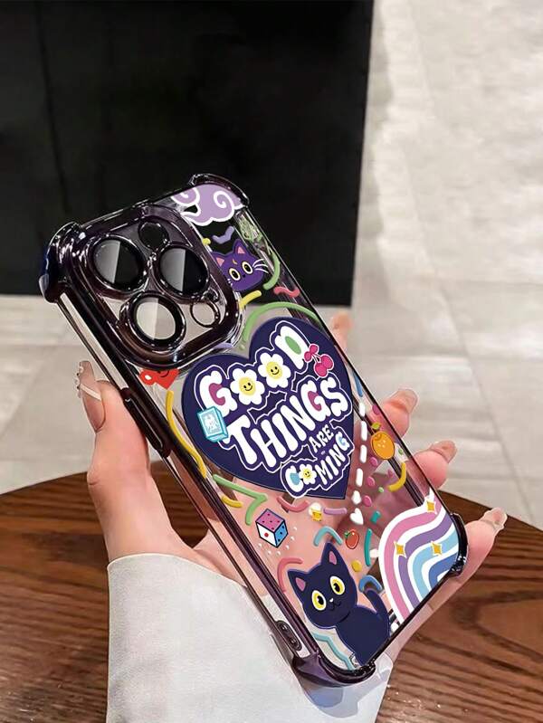 Cute 1pc New Love Cat Electroplated Corner Air Cushion Anti-Knock/Thick Transparent TPU Protective Case Compatible With Iphone/16 Pro Max/16 Pro/16/13 Pro Max/12 Pro Max 11, 15 Pro Max, 14 Pro Max/Galaxy, /Honor/Note 13 Pro/S23 Ultra/S24 Ultra