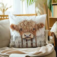 1pc/2pcs Simple Highland Cow Plush Throw Pillow Cover, Single Sided Skin-Friendly Peach Velvet, 45*45cm Sofa Cushion Cover For Home Decor, Party Decoration, Gift