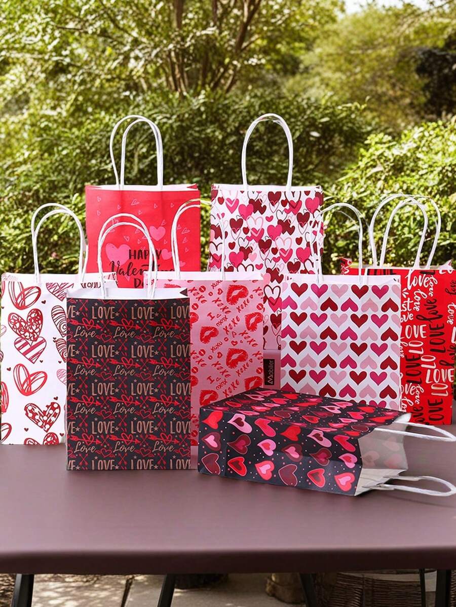 16/8pcs Wedding Season Gift Bags, Heart Decor Handled Bags, Gift Wrap Bags, Present Bags, Souvenir Paper Bags, DIY Packaging Bags, Wedding Favor Bags, Romantic Confession Gift Bags, Romantic Love, Surprise Gift Bags