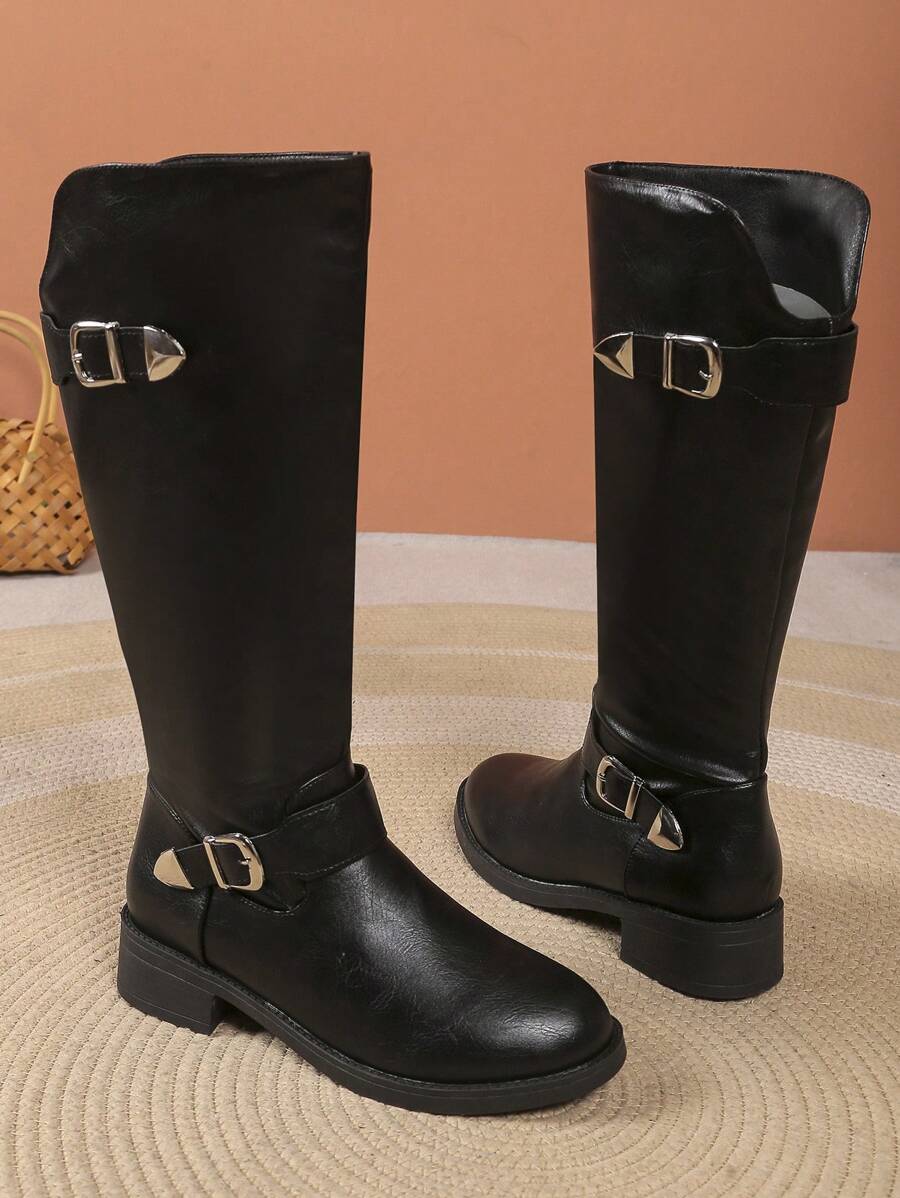 Autumn/Winter New Fashion Women's Thick-Sole Chunky Heel Boots, Buckle Detail Above-Knee Boots, Black High Boots