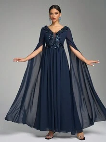 SUPGIR Deep V-Neck Backless Long Flared Sleeve Sequin Patchwork Waisted Maxi Formal Dress Party Dress Wedding Guest Dress Evening Dress - Navy Blue - View 2