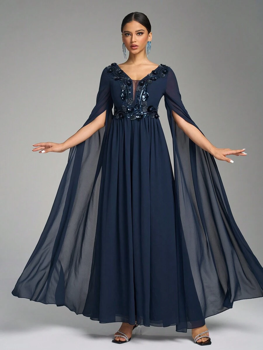 SUPGIR Deep V-Neck Backless Long Flared Sleeve Sequin Patchwork Waisted Maxi Formal Dress Party Dress Wedding Guest Dress Evening Dress