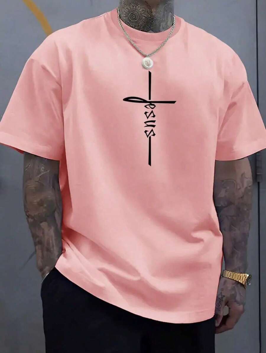 Men's Jesus Cross T-Shirt Slim Men's Women's Cotton T-Shirt Reinforced Stitching Shirt Unisex StreetWear - Màu Hồng baby - Xem 1