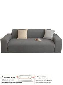 1pc Geometric Line Jacquard Plush Sofa Cover, Simple Elastic One-Piece Sofa Slipcover, Pet Friendly Non-Slip Washable, 4-Season Use Full Coverage Sofa Protector, With 1pc 45*45cm Pillow Case Included - Dark Gray - View 15